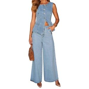 2 Piece Denim Set Button Sleeveless Jean Vest Denim top Y2k shirt wide leg jeans
